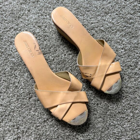 Jimmy Choo Womens 41 Nude Patent Leather Criss-Cross Wedge Slide Sandals - Picture 1 of 11